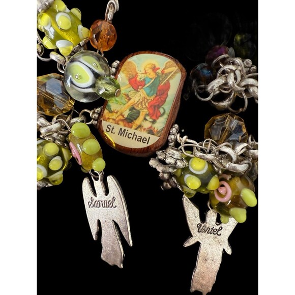 Vintage Religious Charm Chunky Bracelet – Archangels & Saint Icons – Glass Beads - Picture 10 of 14